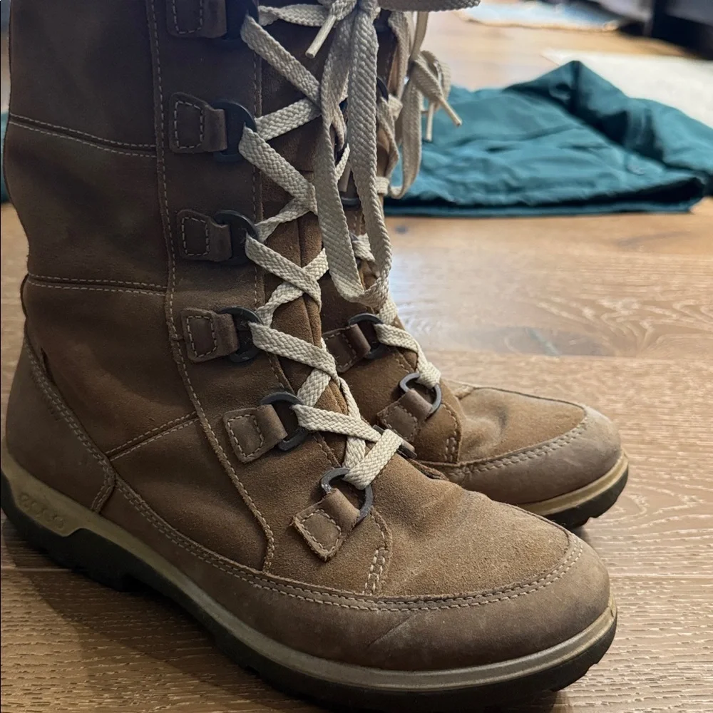 ECCO Tan Leather Lace-Up Winter Boots Fur Lined Waterproof Hiking Size 40
